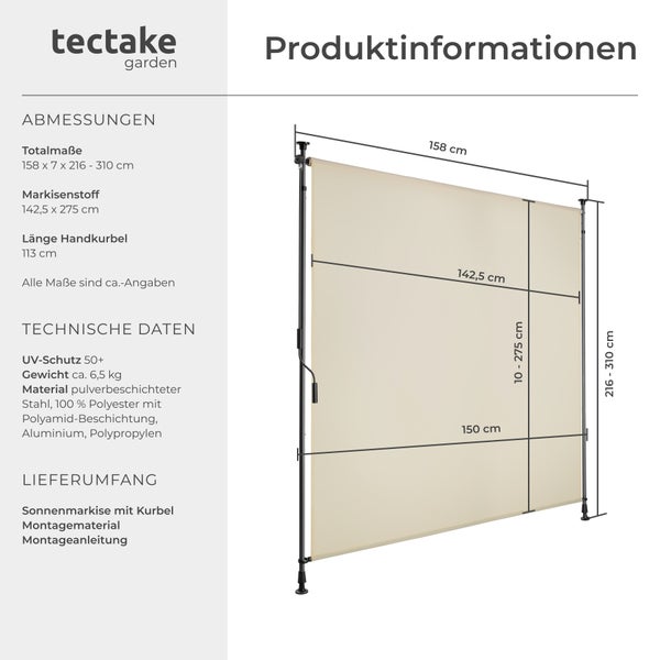 Klemmmarkise tectake Taija leichtgängige Handkurbel verschiedene Größen beige