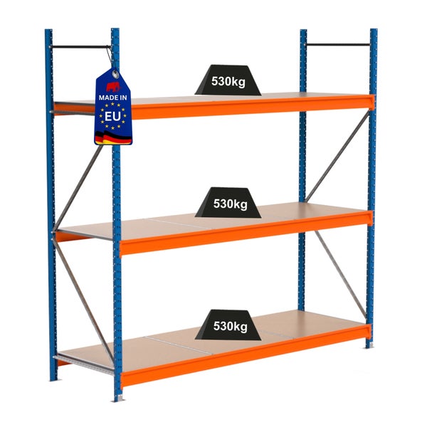 Lagerregal mit drei Ebenen und einer Traglast von 530 Kilogramm pro Ebene, Hergestellt in der EU Kennzeichen