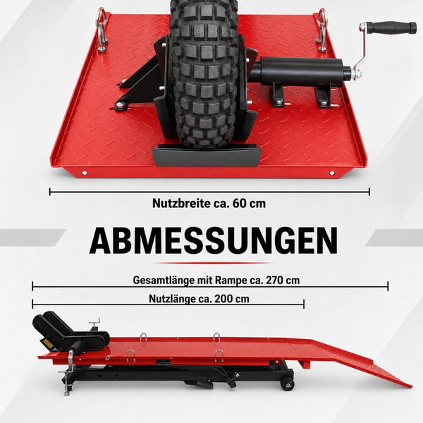 Motorradhebebühne mit Abmessungen: Nutzbreite circa 60 Zentimeter, Nutzlänge circa 200 Zentimeter, Gesamtlänge mit Rampe circa 270 Zentimeter.