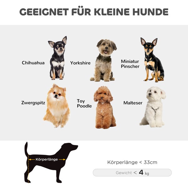 Geeignet für kleine Hunde: Darstellung verschiedener Hunderassen wie Chihuahua, Yorkshire, Zwergspitz, Toy Poodle, Malteser und Miniatur Pinscher, mit Angabe von Körperlänge und Gewicht.