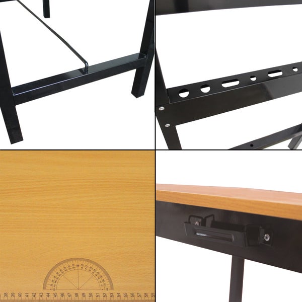Detailansicht eines Werkstatttisches mit Stahlgestell und Holzplatte