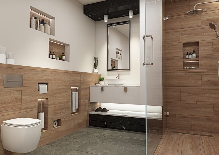 Modernes Badezimmer mit Holzwandfliesen, Duschkabine, Waschbecken, hängendem WC und Wandnischen mit integrierter Beleuchtung.