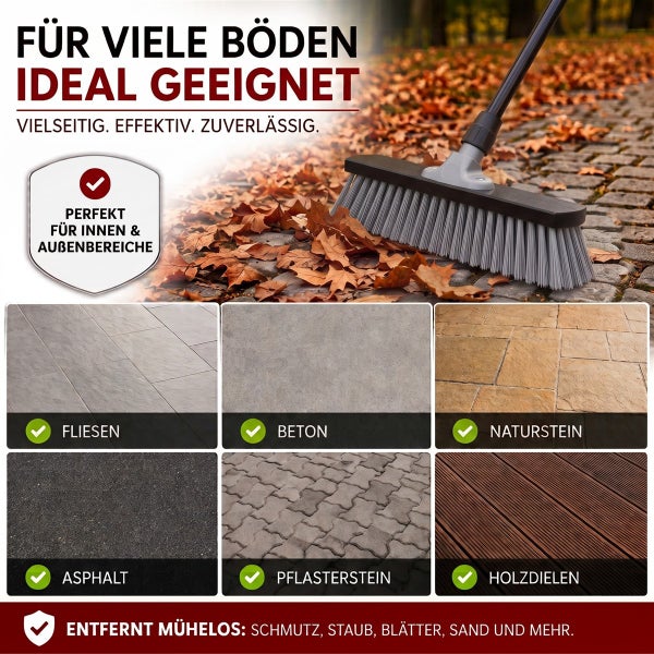 Ein Straßenbesen kehrt Herbstlaub von einem Pflasterweg. Übersicht der geeigneten Bodenbeläge wie Fliesen, Beton, Naturstein, Asphalt und Holz.