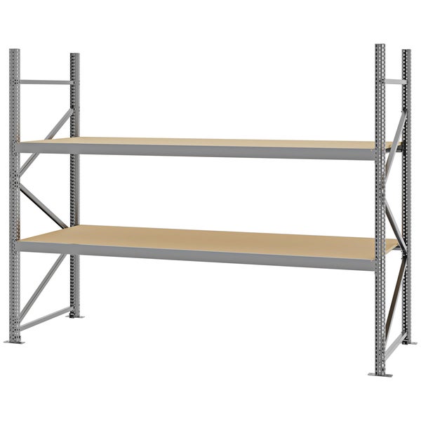Robustes Weitspannregal mit zwei Holzböden und einem stabilen Rahmen aus verzinktem Stahl für Keller, Garage oder Lager.