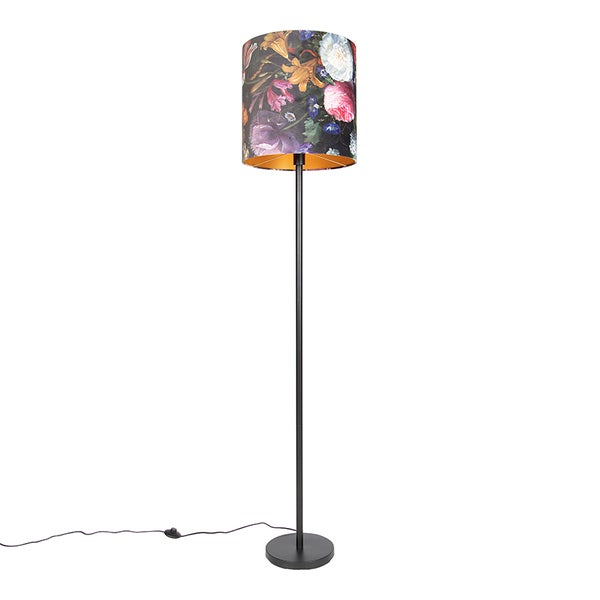 QAZQA - Klassisch I Antik Romantische Stehleuchte I Stehlampe I Standleuchte I Lampe I Leuchte schwarz mit Blumenschirm 40 cm - Simplo I Wohnzimmer I Schlafzimmer - Textil Zylinder I Länglich - LED ge