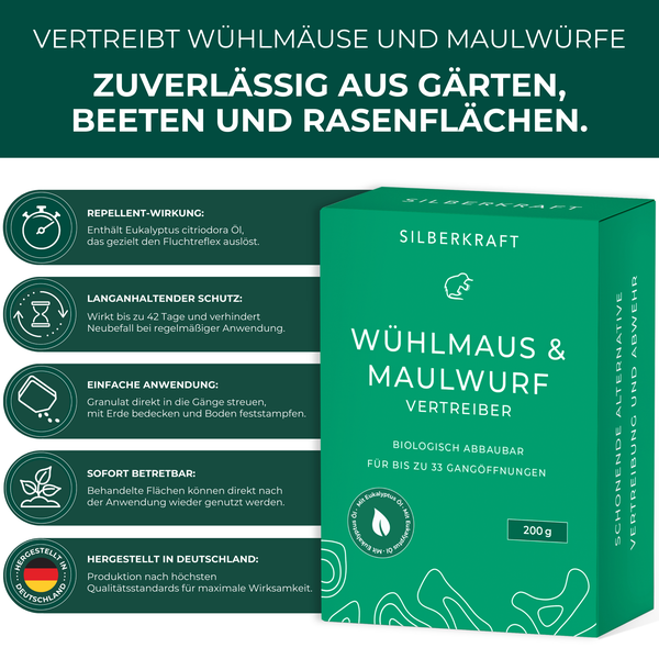 Silberkraft Wühlmaus- und Maulwurf-Vertreiber Granulat 200 g, Effektive Wühlmausabwehr für Garten, Beete & Rasen, Maulwurf bekämpfen und vertreiben, Alternative zu Wühlmausschreck & Gift