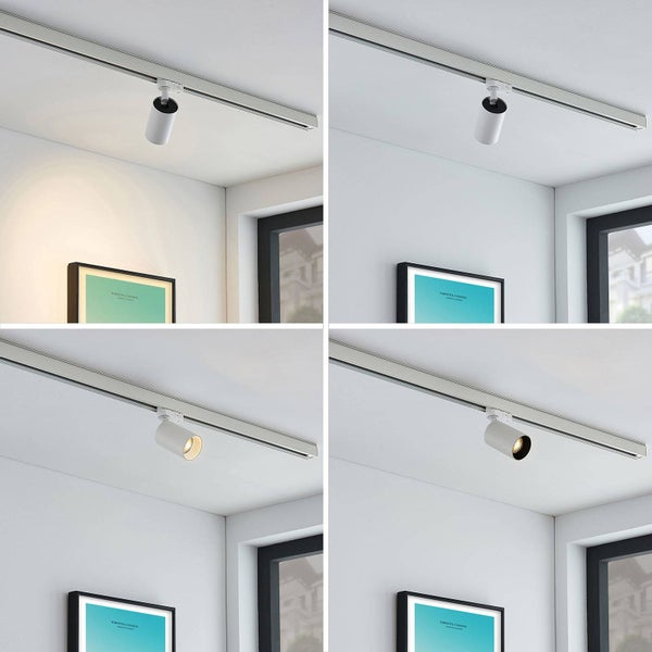 Modernes Schienensystem mit weißem zylindrischem Strahler an der Decke in einem hellen Raum mit eingerahmtem Bild.