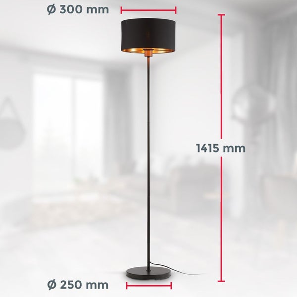 Stehlampe - Schalter, Stoffschirm, E27 Fassung, max. 40W, Schwarz-Gold