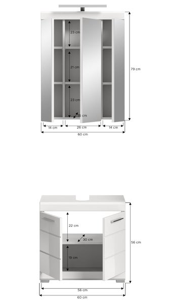 Technische Zeichnung eines Badezimmermöbel Sets bestehend aus Spiegelschrank und Waschbeckenunterschrank mit Maßangaben in Zentimeter.