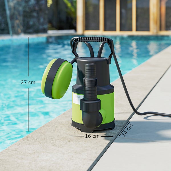 Tauchpumpe mit Schwimmerschalter fuer Pools, 27 Zentimeter Hoehe, 16 Zentimeter Breite, 14 Zentimeter Tiefe, inklusive Anschlussstutzen.