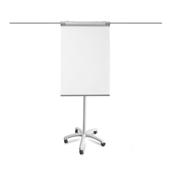 Mobiles Flipchart mit Rollfuß und zwei ausziehbaren Seitenarmen für Präsentationsblätter.