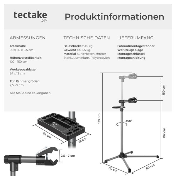 Fahrradmontageständer tectake  inklusive Werkzeugablage mit Montageschlüssel für alle gängigen Modelle schwarz