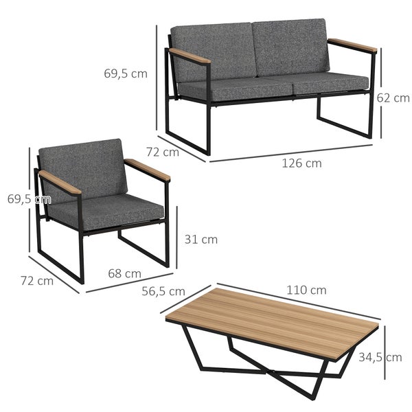 Outsunny Gartenmöbel Set 4 Personen wetterfest Balkonmöbel-Set mit 2er Sofa, 2 Stühle Sitzkissen Beistelltisch Outdoor Sitzgruppe Terrassenmöbel Gartengarnitur für Garten Terrasse Balkon Grau