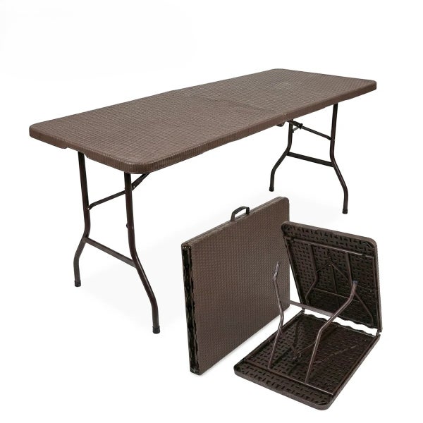 Klapptisch mit Stahlgestell und Kunststofftischplatte in aufgebautem und zusammengeklapptem Zustand