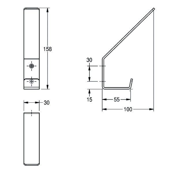 Technische Zeichnung eines Hakens mit Maßen: Höhe 158 Millimeter, Breite 30 Millimeter, Tiefe 100 Millimeter, Hakentiefe 55 Millimeter.