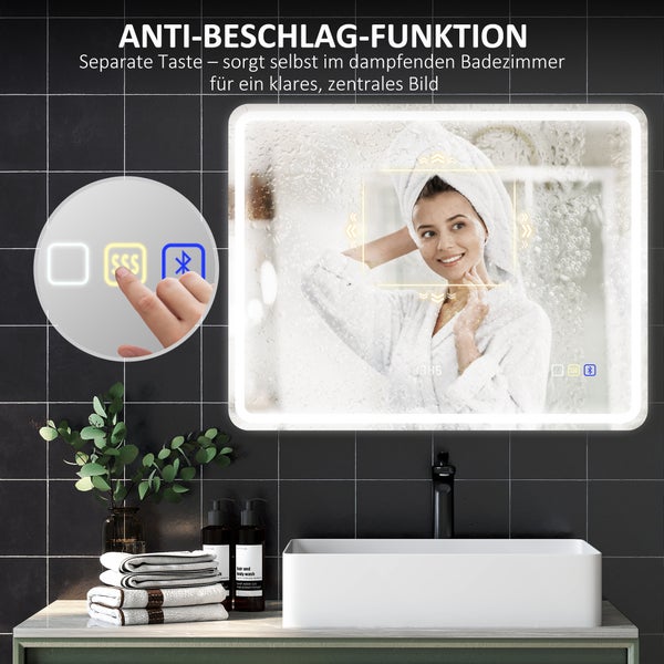 Beleuchteter Badspiegel mit Anti-Beschlag-Funktion, Touch-Bedienung und einer klaren Sichtfläche in der Mitte.