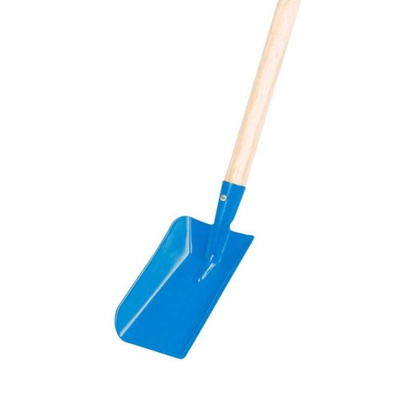 Blaue Schaufel aus Metall mit einem Holzstiel.