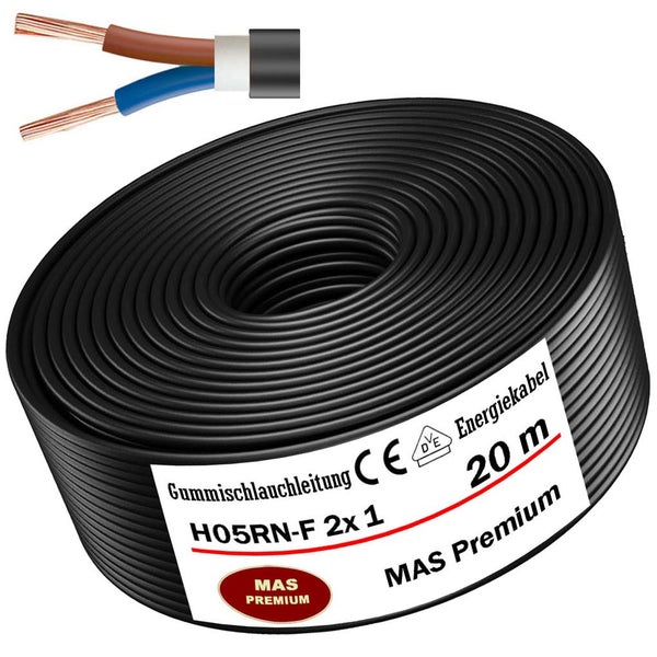 MAS Premium Gummischlauchleitung H05RN-F 2 mal 1 Millimeter, 20 Meter, inklusive Detailansicht des Kabelaufbaus.