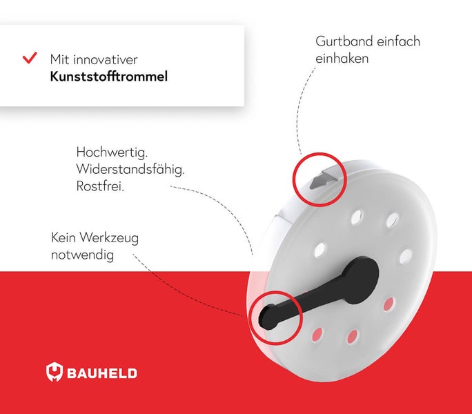 Kunststofftrommel mit Gurtbandeinhakfunktion und Bauheld Logo
