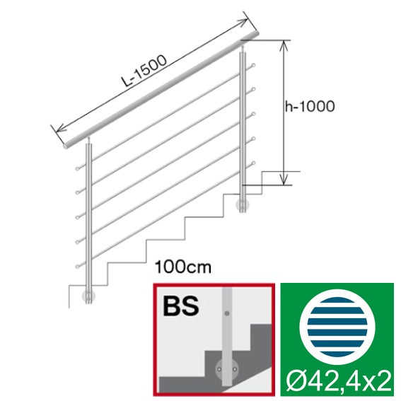 HandyStairs Edelstahl-Balustrade für Treppengeländer – seitliche Montage – Durchmesser 42,4 mm mit 5 Stangen – 150 cm