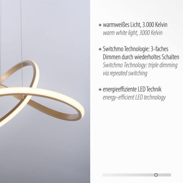 Moderne LED Pendelleuchte mit warmweißem Licht, 3000 Kelvin und Switchmo Dimmtechnologie.