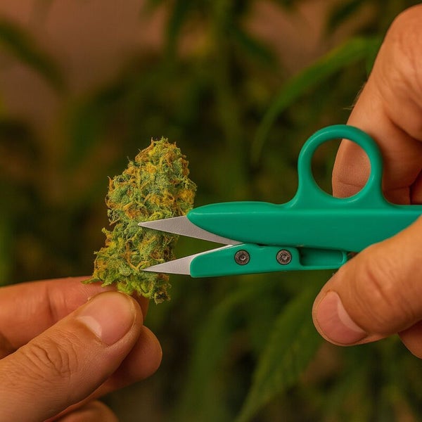 Nahaufnahme einer Hand, die eine grüne, spitz zulaufende Schere hält und damit eine Cannabisblüte schneidet.
