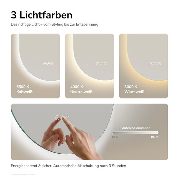 LED-Badspiegel mit drei einstellbaren Lichtfarben von kaltweiß bis warmweiß, stufenloser Dimmfunktion und automatischer Abschaltung.