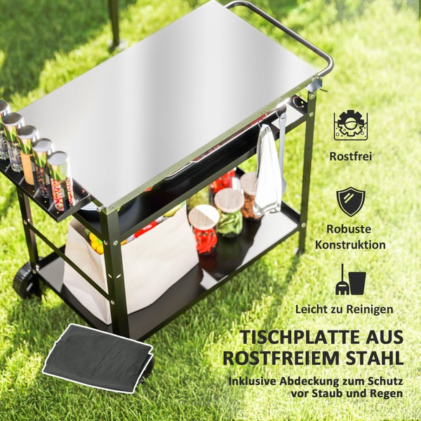 Outsunny Grillwagen 3-Etagen Servierwagen mit Arbeitsfläche Griffe Hülle Räder, höhenverstellbar BBQ Grilltisch Edelstahl, Grill Beistelltisch, Outdoor Rollwagen für Garten Grill 100x52x80cm Schwarz