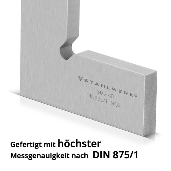 Stahlwerk Anschlagwinkel aus Edelstahl mit einer Größe von 50 mal 40 Millimetern nach Norm DIN 875 Grad 1 für präzise Messarbeiten.