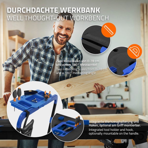 ECD Germany 7 in 1 Multifunktionale Werkbank klappbar, 109x55 cm, Mobile Werktisch, 150-250 kg Tragkraft, Spanntisch mit Winkelmarkierung, Arbeitstisch Werkstatt höhenverstellbar, Handwagen Rollbrett