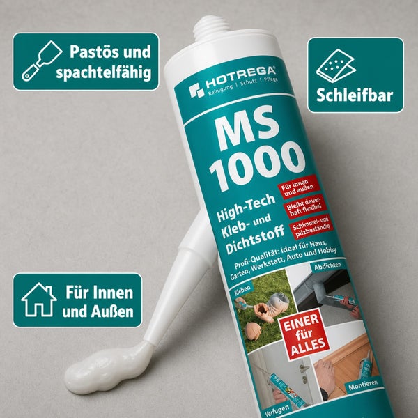 Hotrega MS 1000 High Tech Kleb und Dichtstoff Kartusche für innen und außen anwendbar spachtelfähig schleifbar schimmel und pilzbeständig