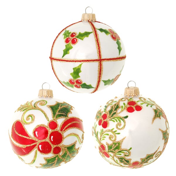 Weiß glanz 8cm Glaskugelsortiment, mundgeblasen, handbemalt , 3 Stck., Weihnachtsbaumkugeln, Christbaumschmuck, Weihnachtsbaumanhänger