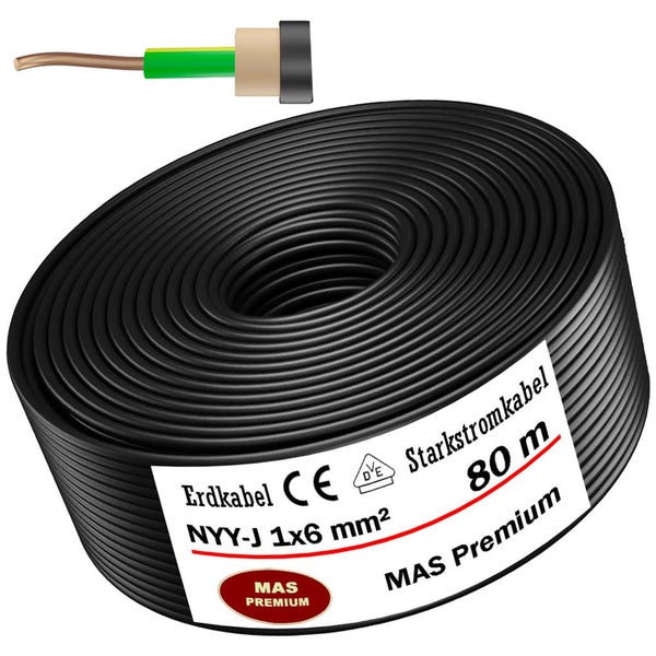 Erdkabel NYY-J 1 mal 6 Quadratmillimeter, 80 Meter Rolle, MAS Premium Starkstromkabel mit Prüfzeichen.