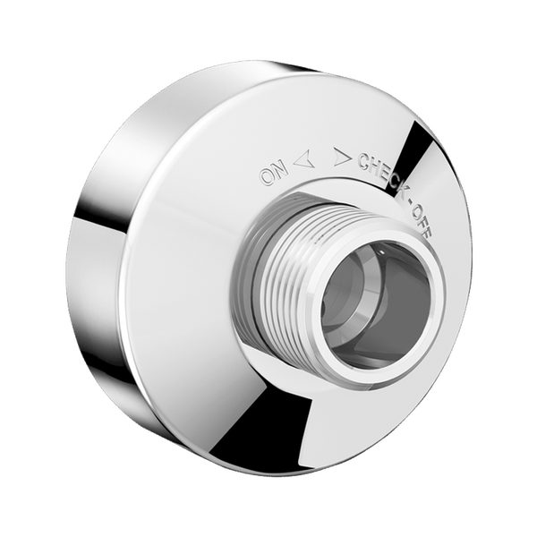 Wandanschlussbogen aus verchromtem Metall mit Gewindeanschluss und eingravierten Markierungen ON und CHECK-OFF.