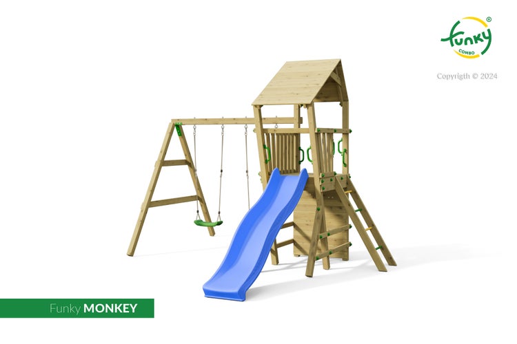 Spielturm aus Holz für Kinder mit Satteldach, blauer Rutsche, grüner Schaukel und Leiter. Funky Combo Logo.