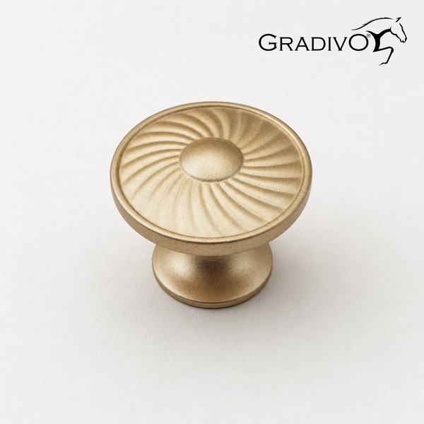 Runder Möbelknopf mit Spiraldesign und Gradivo Logo.