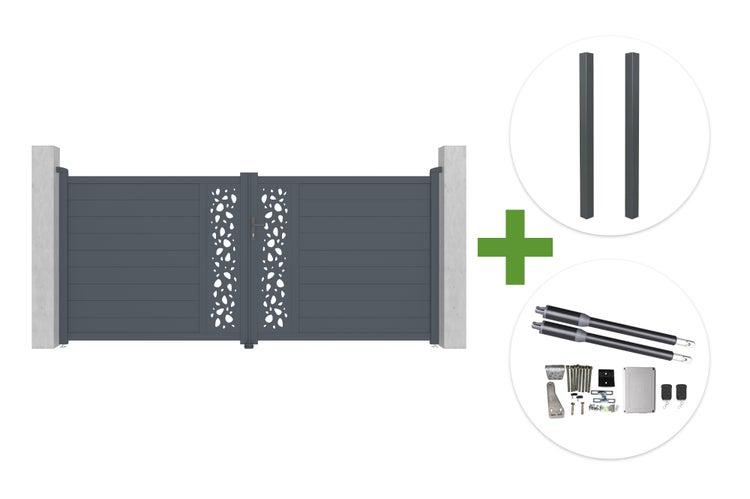 Zweiflügeliges Einfahrtstor aus Aluminium mit dekorativen Lochblechen, inklusive zwei Pfosten und elektrischem Drehtorantrieb mit Zubehör.