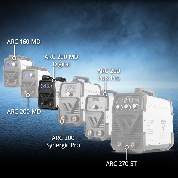 Modellübersicht Stahlwerk ARC Schweißgeräte: ARC 160 MD, 200 MD, 200 MD Digital, 200 Synergic Pro, 200 Puls Pro und 270 ST.