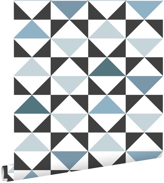 ESTAhome Tapete grafische Dreiecke Weiß, Schwarz, Vintage Blau und Hellblau - 53 cm x 10.05 m - 139097