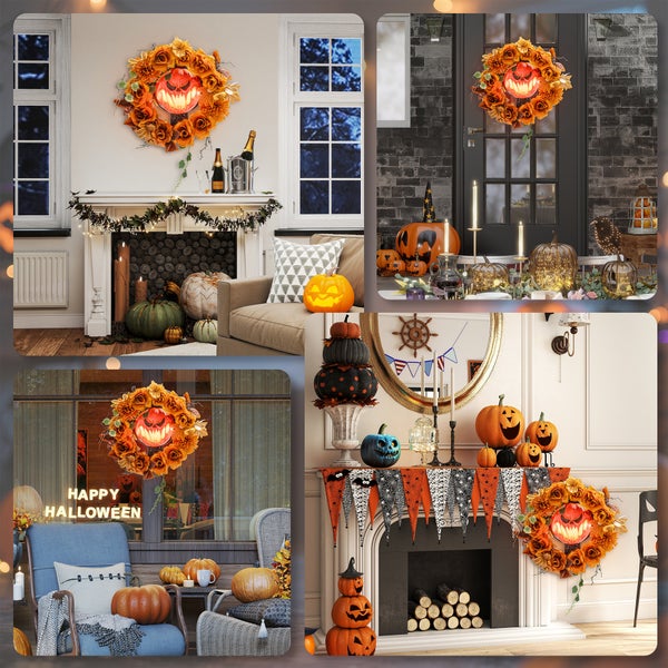 Collage mit Halloween-Dekorationen wie Kürbissen, Kränzen und Girlanden in verschiedenen Innenräumen