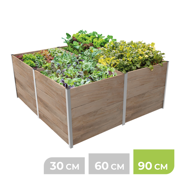 Quadratisches Hochbeet aus Holz mit vier Fächern und Metallecken, bepflanzt mit verschiedenen Salatsorten, Höhe 90 Zentimeter.