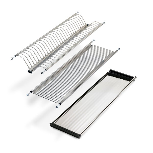 Abtropfgestell aus Edelstahl für Küchenschränke mit Tellerhalter, Tassenablage und Auffangschale.