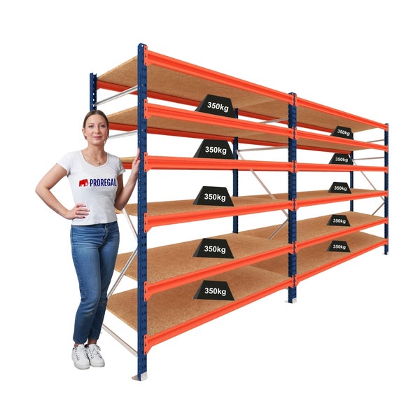 Weitspannregal aus Metall mit zwei Feldern, sechs Ebenen, Holzfachböden und 350 Kilogramm Tragkraft pro Fachboden.
