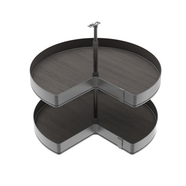 Zweistöckiges Eckschrank-Drehkarussell für die Küche mit Böden in dunkler Holzoptik und Metallrahmen.