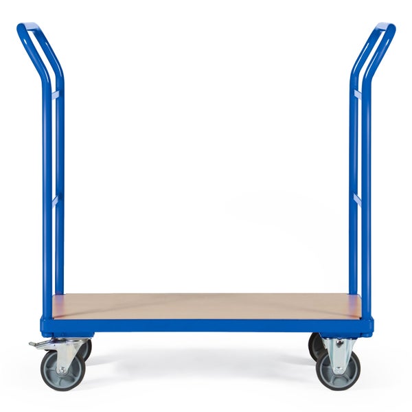 Blauer Plattformwagen mit Holzplattform und Rollen