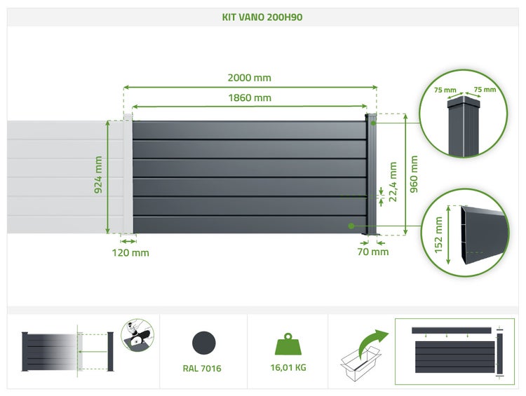 Technische Zeichnung Kit Vano 200H90: Länge 2000 Millimeter, Höhe 960 Millimeter, Paneelbreite 1860 Millimeter, Gewicht 16,01 Kilogramm.
