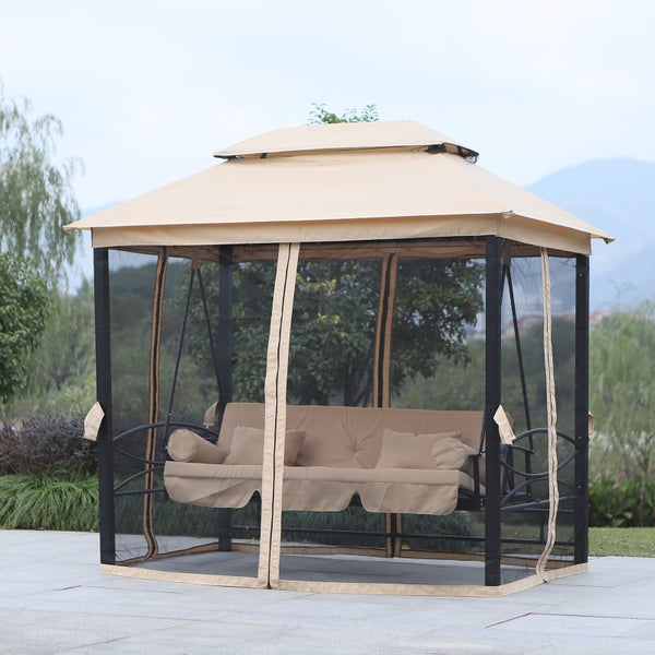 Outsunny Hollywoodschaukel Gartenschaukel Schaukel mit Seitenwänden 3-Sitzer Beige 256 x 172 x 248 cm