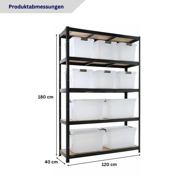 Schwarzes Metallregal mit fünf Böden und weißen Boxen. Höhe 180 Zentimeter, Breite 120 Zentimeter, Tiefe 40 Zentimeter.