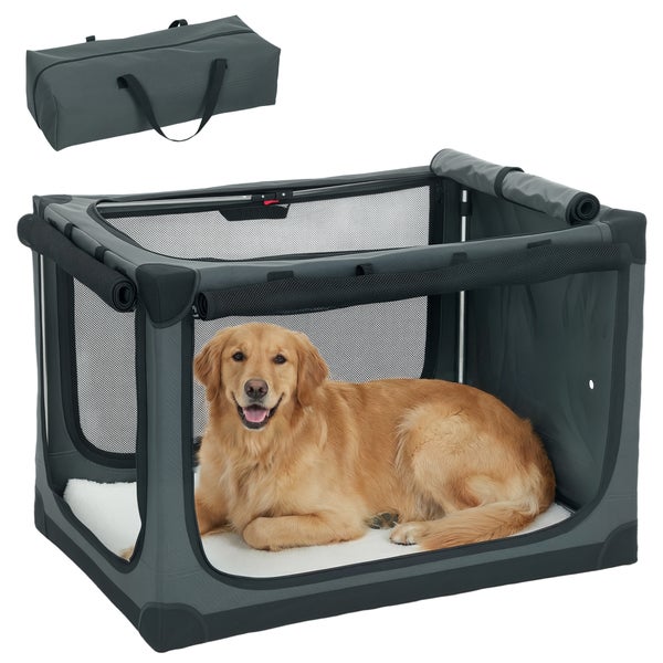 Faltbare Hundetransportbox mit Netzeinsätzen, Tragetasche und Liegematte. Ein Golden Retriever liegt in der Box.