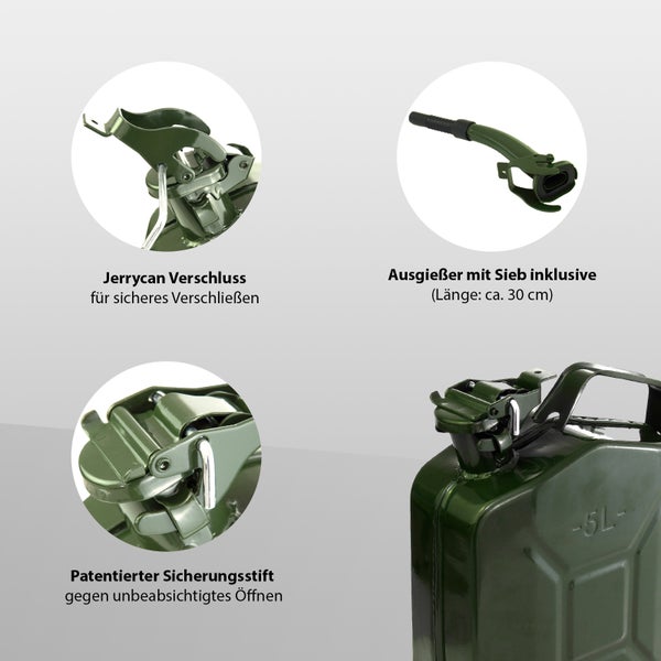 Kraftstoffkanister aus Metall mit 5 Liter Fassungsvermögen, inklusive Ausgießer mit Sieb, Sicherheitsverschluss und Sicherungsstift.